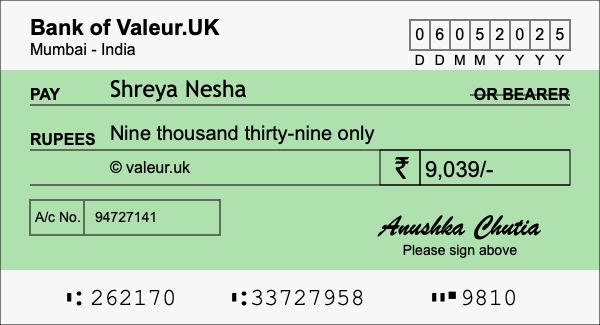 How to write a cheque for 9,039 rupees