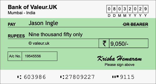 How to write a cheque for 9,050 rupees