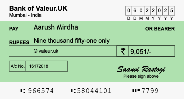 How to write a cheque for 9,051 rupees