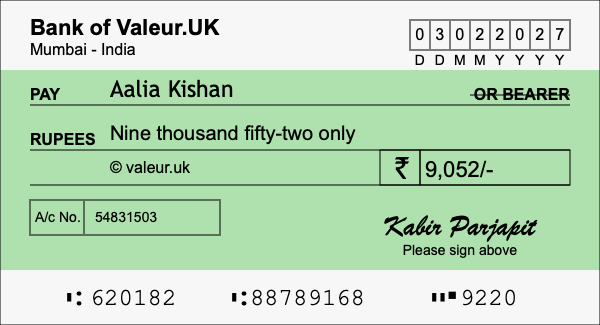 How to write a cheque for 9,052 rupees How to write a cheque for 9,052 rupees