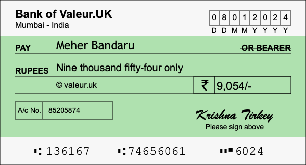 How to write a cheque for 9,054 rupees How to write a cheque for 9,054 rupees