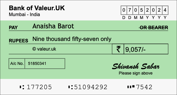 How to write a cheque for 9,057 rupees How to write a cheque for 9,057 rupees