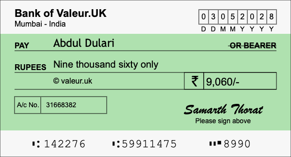 How to write a cheque for 9,060 rupees How to write a cheque for 9,060 rupees