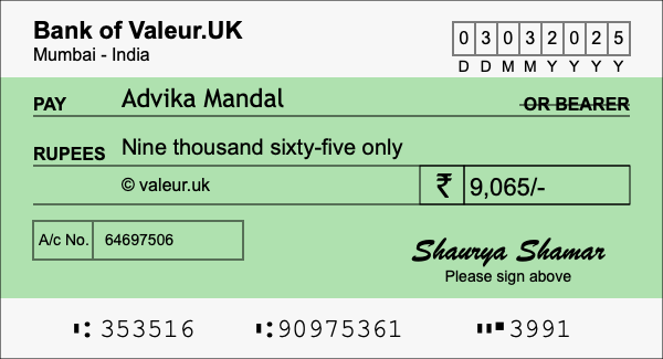 How to write a cheque for 9,065 rupees
