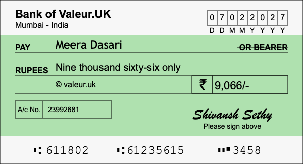How to write a cheque for 9,066 rupees