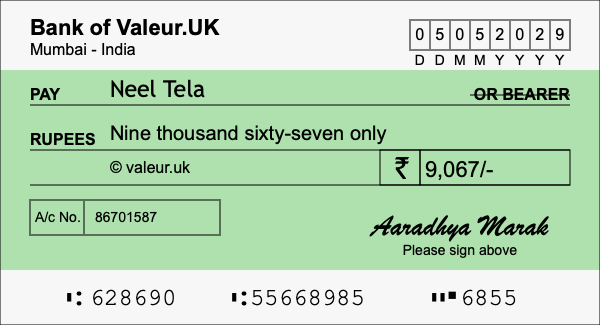 How to write a cheque for 9,067 rupees How to write a cheque for 9,067 rupees