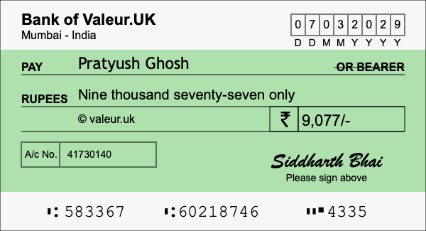 How to write a cheque for 9,077 rupees