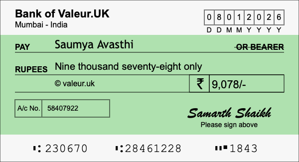 How to write a cheque for 9,078 rupees