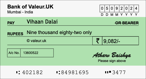 How to write a cheque for 9,082 rupees