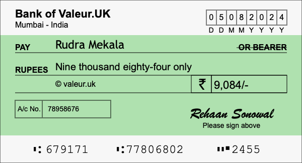 How to write a cheque for 9,084 rupees