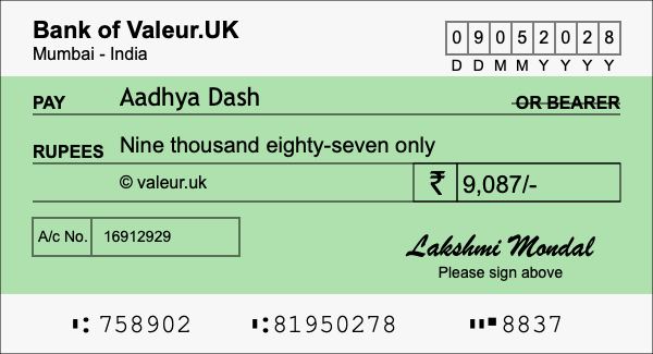 How to write a cheque for 9,087 rupees