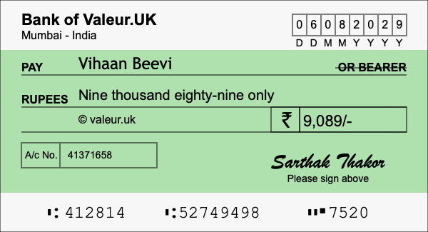 How to write a cheque for 9,089 rupees