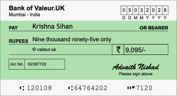 How to write a cheque for 9,095 rupees