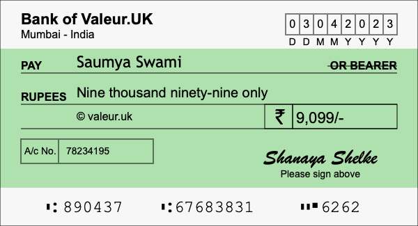 How to write a cheque for 9,099 rupees