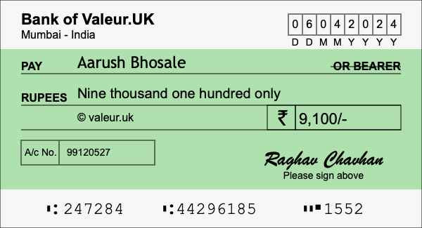 How to write a cheque for 9,100 rupees