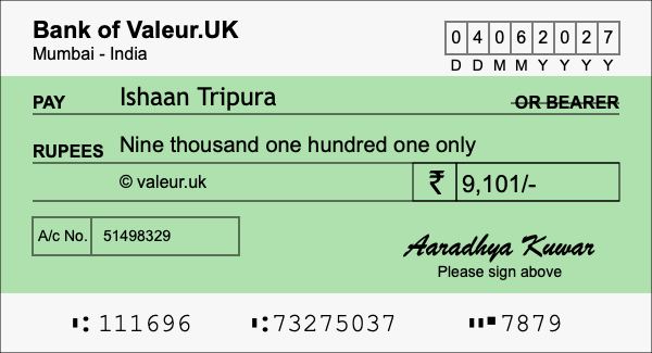 How to write a cheque for 9,101 rupees