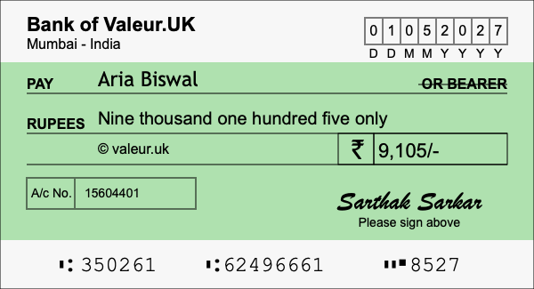 How to write a cheque for 9,105 rupees