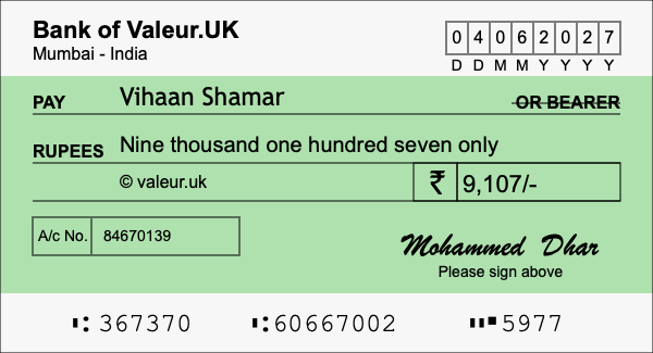 How to write a cheque for 9,107 rupees