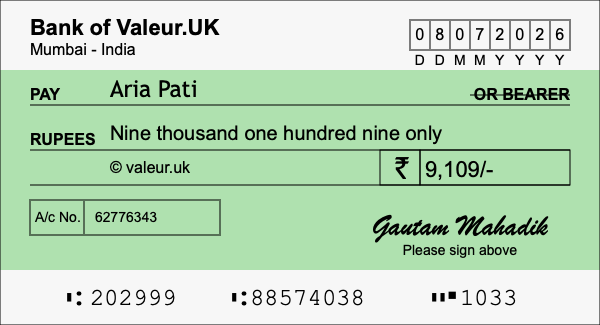 How to write a cheque for 9,109 rupees How to write a cheque for 9,109 rupees