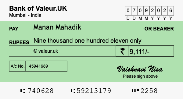 How to write a cheque for 9,111 rupees