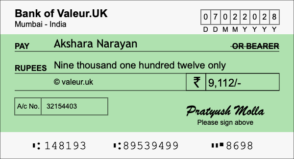How to write a cheque for 9,112 rupees