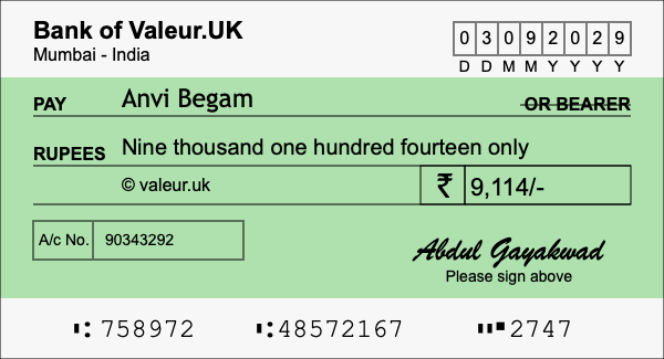 How to write a cheque for 9,114 rupees
