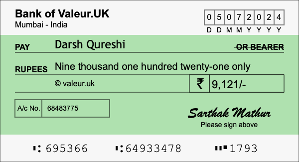 How to write a cheque for 9,121 rupees