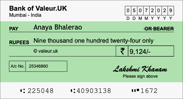 How to write a cheque for 9,124 rupees