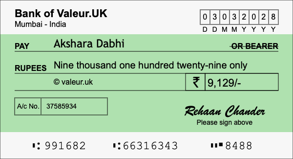 How to write a cheque for 9,129 rupees