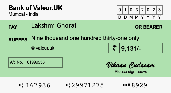 How to write a cheque for 9,131 rupees