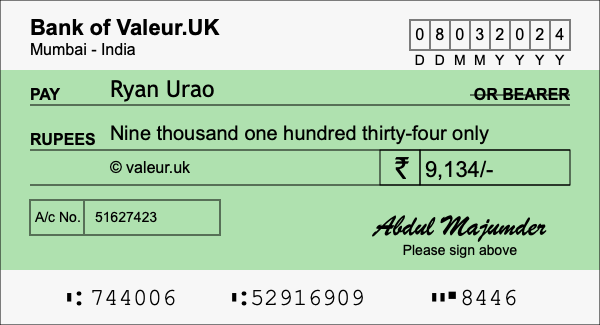 How to write a cheque for 9,134 rupees