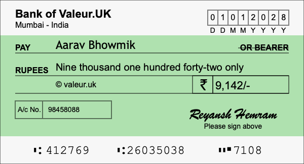 How to write a cheque for 9,142 rupees