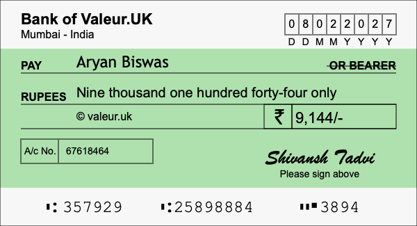 How to write a cheque for 9,144 rupees How to write a cheque for 9,144 rupees