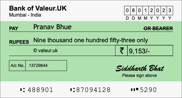 How to write a cheque for 9,153 rupees