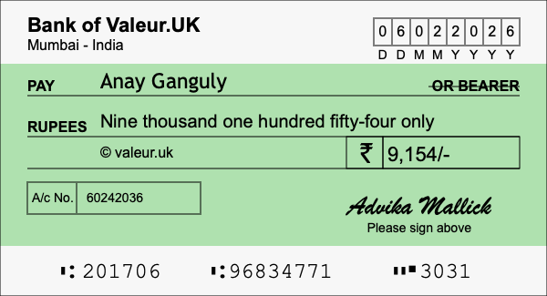 How to write a cheque for 9,154 rupees