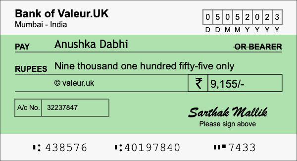 How to write a cheque for 9,155 rupees