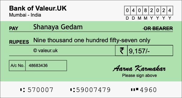 How to write a cheque for 9,157 rupees