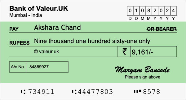 How to write a cheque for 9,161 rupees