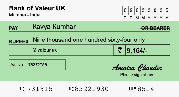 How to write a cheque for 9,164 rupees