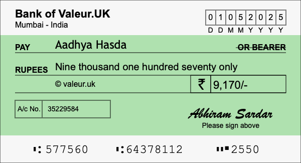 How to write a cheque for 9,170 rupees