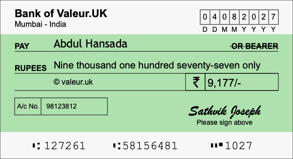 How to write a cheque for 9,177 rupees