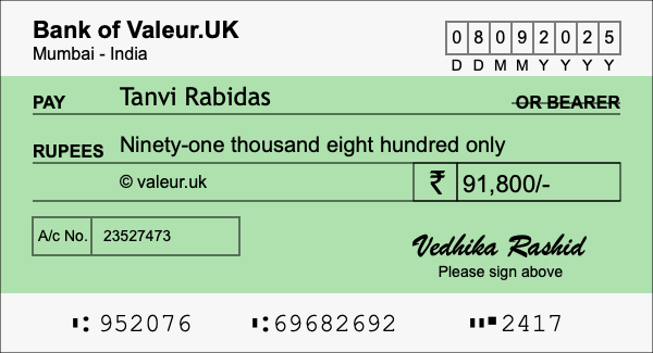 How to write a cheque for 91,800 rupees