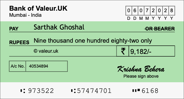 How to write a cheque for 9,182 rupees