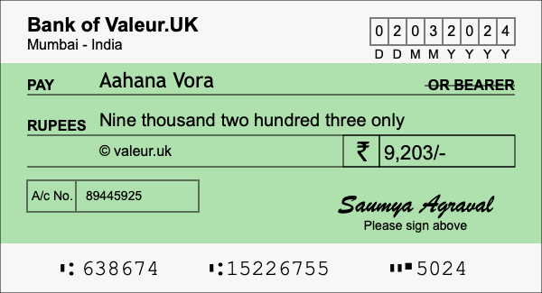 How to write a cheque for 9,203 rupees