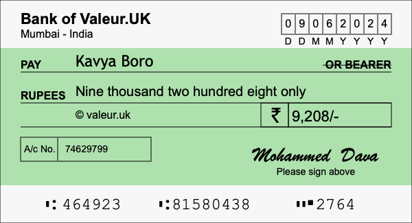 How to write a cheque for 9,208 rupees