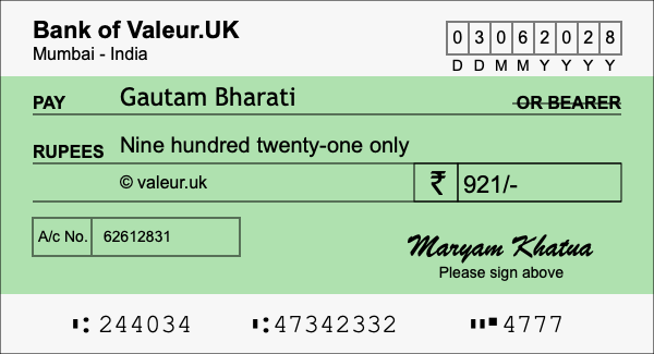 How to write a cheque for 921 rupees