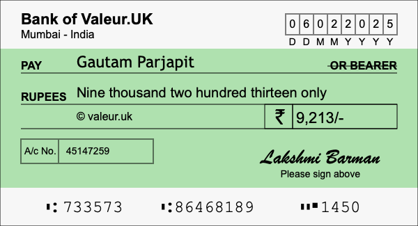 How to write a cheque for 9,213 rupees