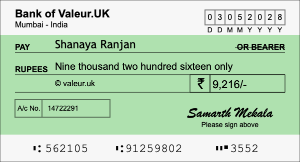 How to write a cheque for 9,216 rupees