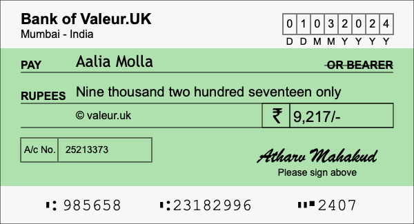 How to write a cheque for 9,217 rupees
