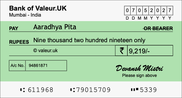 How to write a cheque for 9,219 rupees
